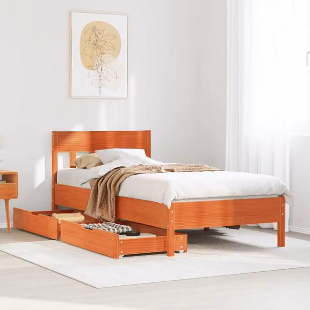 Berkfield Home Wax Brown Solid Wood Pine Bed Frame W/D/H: 90 x 200 cm