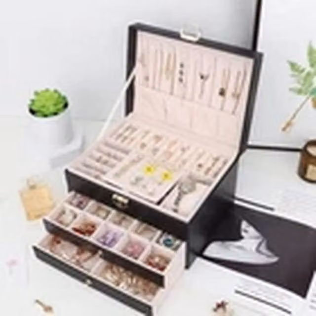 EONLION 3-Tier Large Fabric Jewellery Box Drawer Cabinet and Necklace Organiser in Black – 1