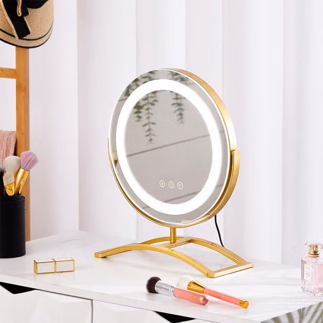 Livingandhome Crystal Edge LED Round Tabletop Vanity Mirror in Gold