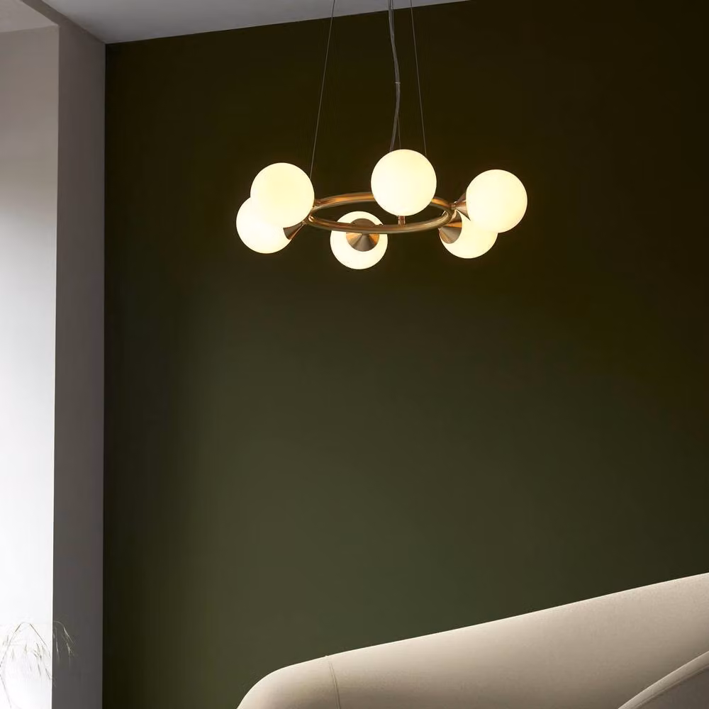 Netlighting Grosseto Globe Pendant Light with Gloss White Glass and Brass Plate in Gold – 3