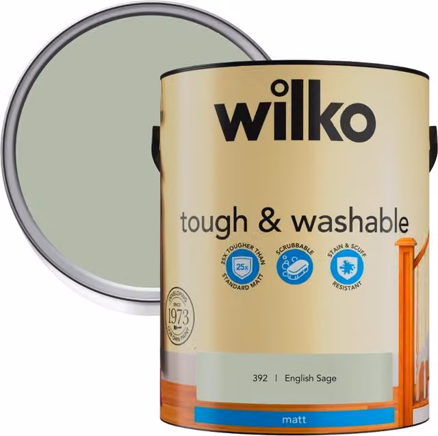 wilko Tough and Washable Matt Emulsion Paint, English Sage, 5 l