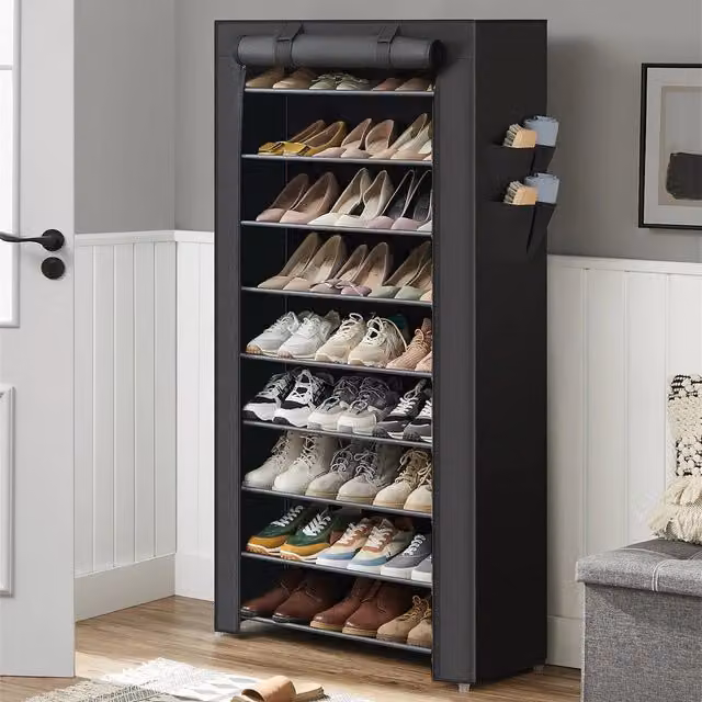 Livingandhome 10-Tier Modern Shoe Storage Cabinet with Roll-Up Shutter Doors in Black