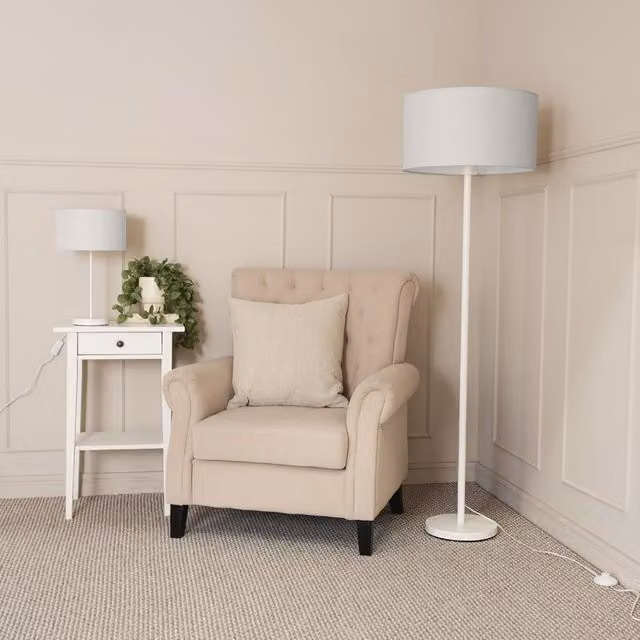 ValueLights White Metal Single Stem Floor Lamp with Grey Fabric Drum Shade