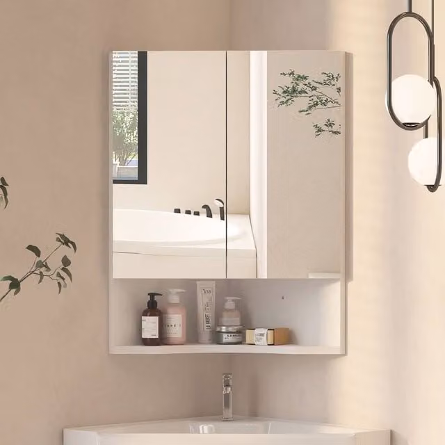 KEEPREAPER Modern White Corner Bathroom Cabinet with Mirror, W: 47 cm, H: 60 cm