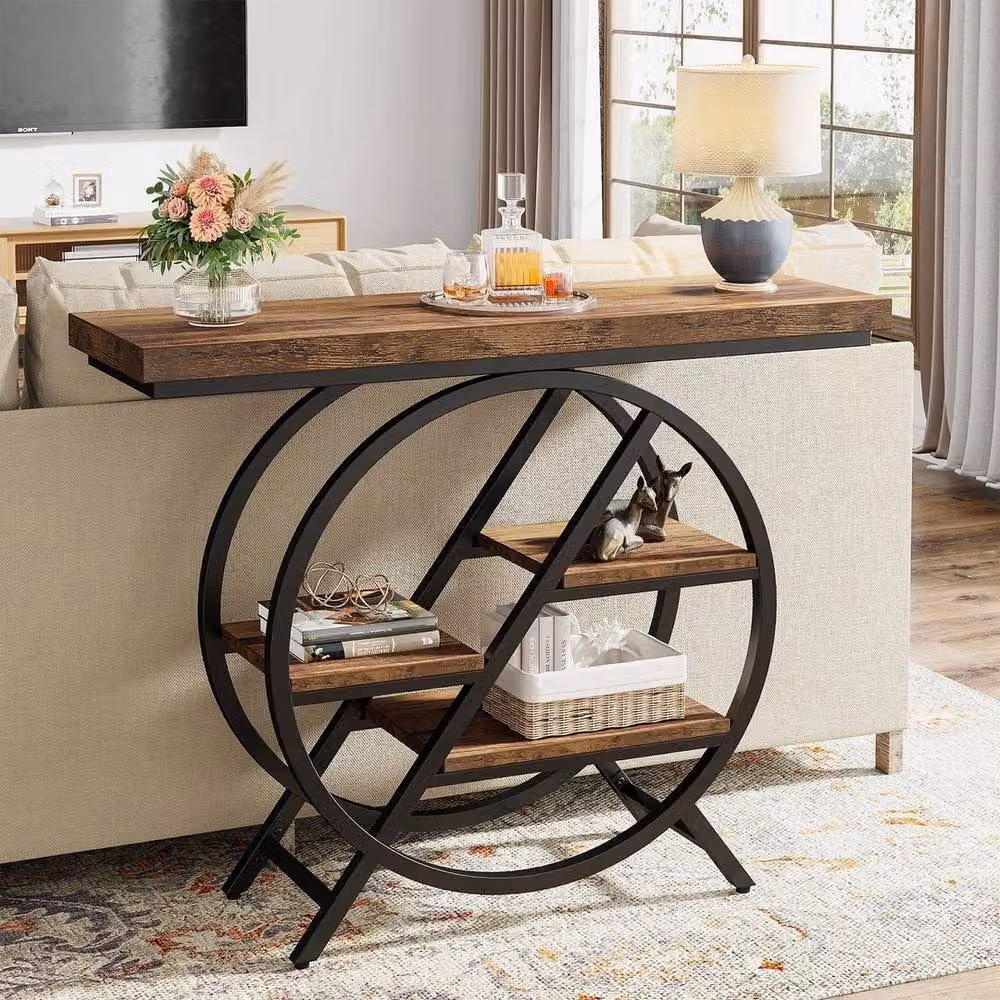 VOGREX Brown Industrial Console Table with Storage Shelves – 6