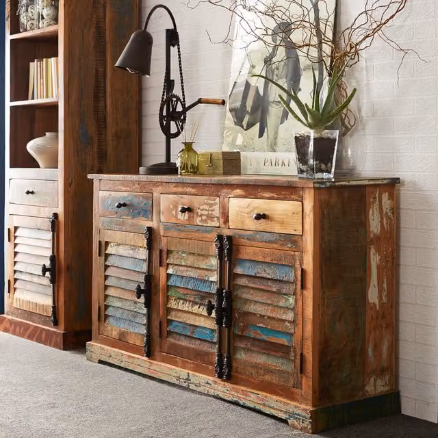 IH Design Modern Reclaimed Boat Wood Large Sideboard with 3 Doors and 3 Drawers in Multicolour and Brown