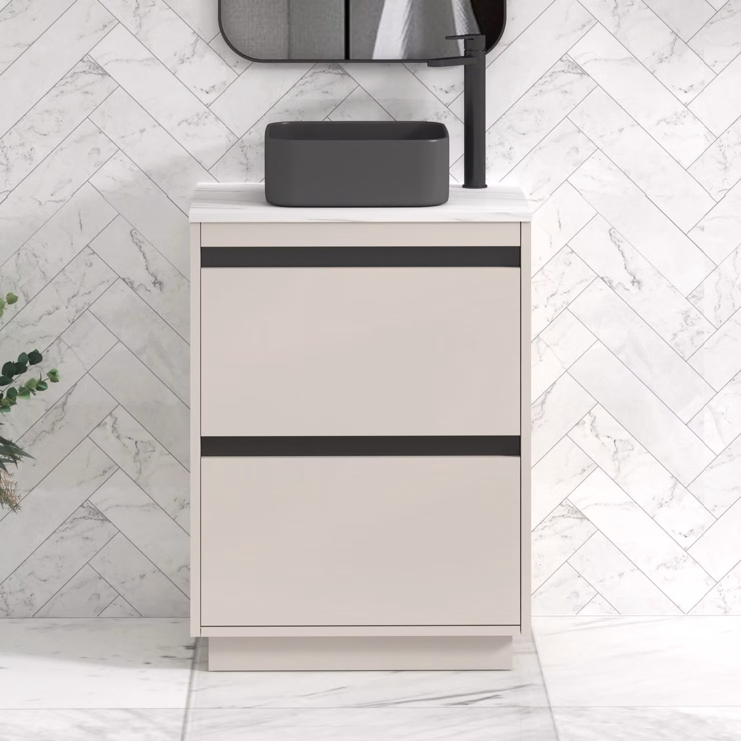 Royal Bathrooms Orion 600mm Warm Taupe Floor Standing Countertop Vanity Unit with 2 Drawers, Art Square Basin and Black Accent Trim