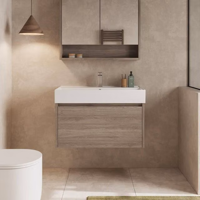 Banyetti Mino 800mm Wall Hung Vanity Unit with Veneto 1TH Basin in Nebraska Oak Brown