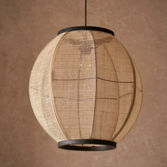 Netlighting Zaire Single Pendant Ceiling Lamp in Natural Linen, Brown and Black Wood and Metal