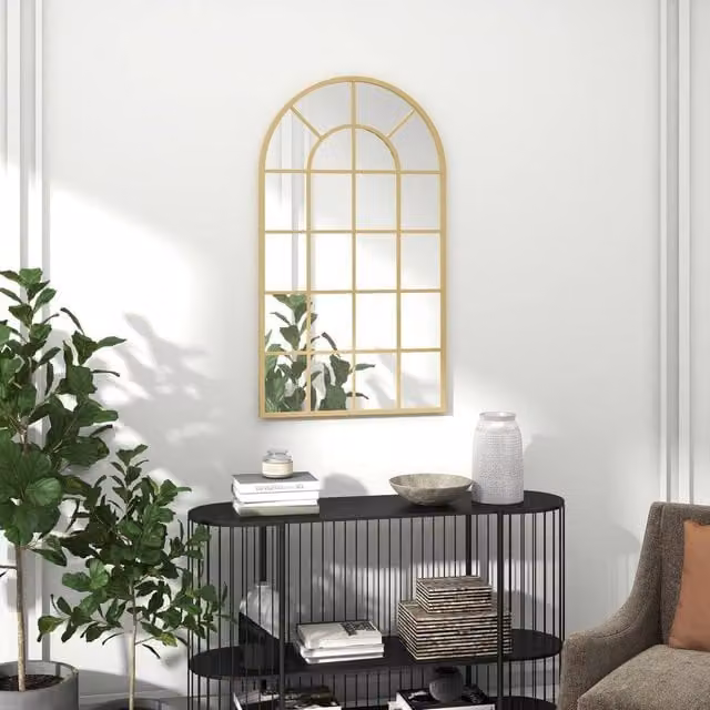 HOMCOM Modern Arched Window Wall Mirror in Gold Tone, W: 65 cm, H: 110 cm – 1