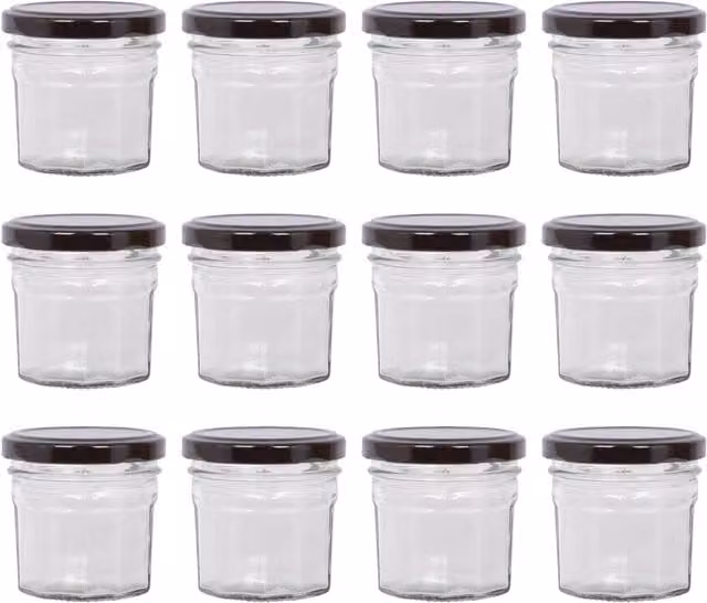 Argon Tableware Black Glass Jam Jars with Screw Lids, 90ml, Pack of 12