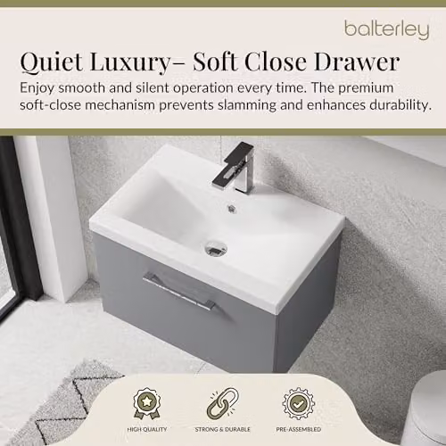 Balterley Wall Hung Single Drawer Vanity Unit with Mid Edge Sink and Handle, Grey, W: 61.0 cm, D: 39.0 cm, H: 39.9 cm – 3