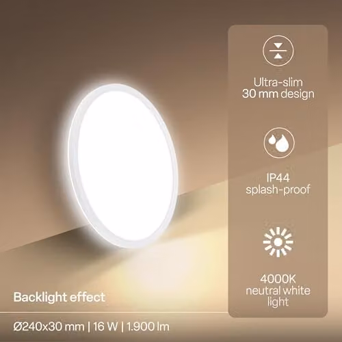 B.K.Licht White LED Slim Panel Ceiling Light, 16W, 1900lm, 4000K Neutral White, IP44 Splash-Proof, W/D/H: 24 x 30 x 3 cm – 2