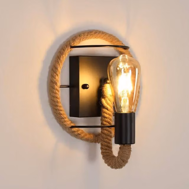 COMELY Vintage Industrial Wall Lights in Black with Hemp Rope and E27 Socket – 1
