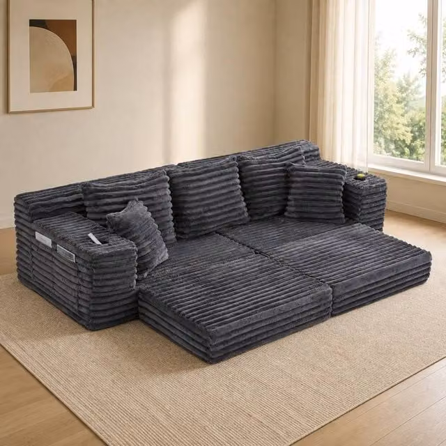 STILVORA Grey Corduroy Click-Clack Sofa Bed with Cup Holders and Scatter Cushions – 1