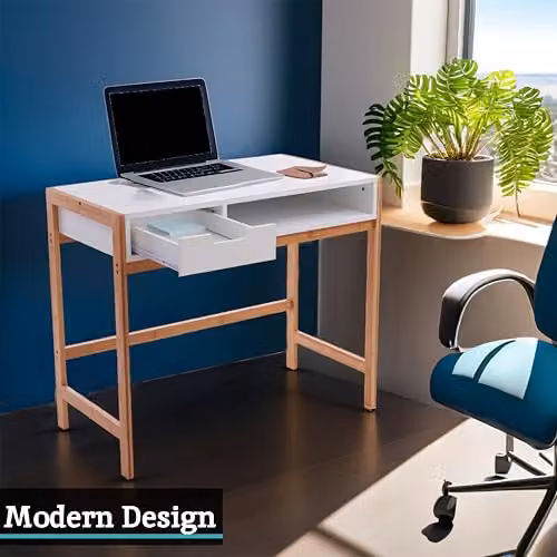 Premier Housewares White Computer Desk with Wood Legs, W/D/H: 90 x 45 x 75 cm – 2