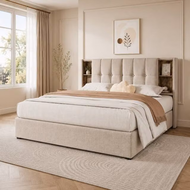 STILVORA Super King Upholstered Bed with Storage and Wireless Charging in Sand