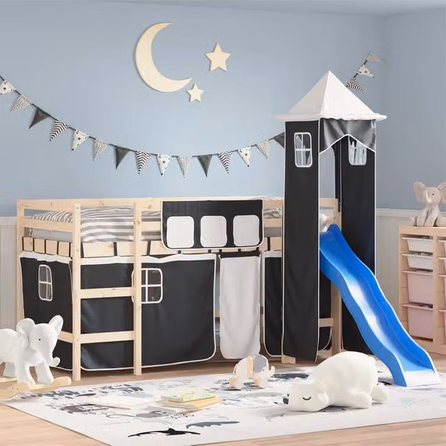 Berkfield Home Opaque Polyester Loft Bed Curtains in White and Black with Tower Design