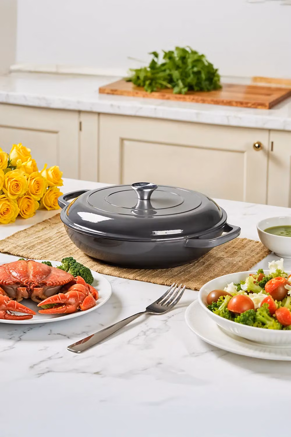 Living and Home 3.2L Enamelled Cast Iron Casserole Pot with Lid, Grey – 2