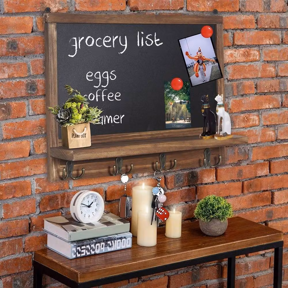 FLAVORA Rustic Magnetic Chalkboard with Shelf and Key Hooks in Black – 3
