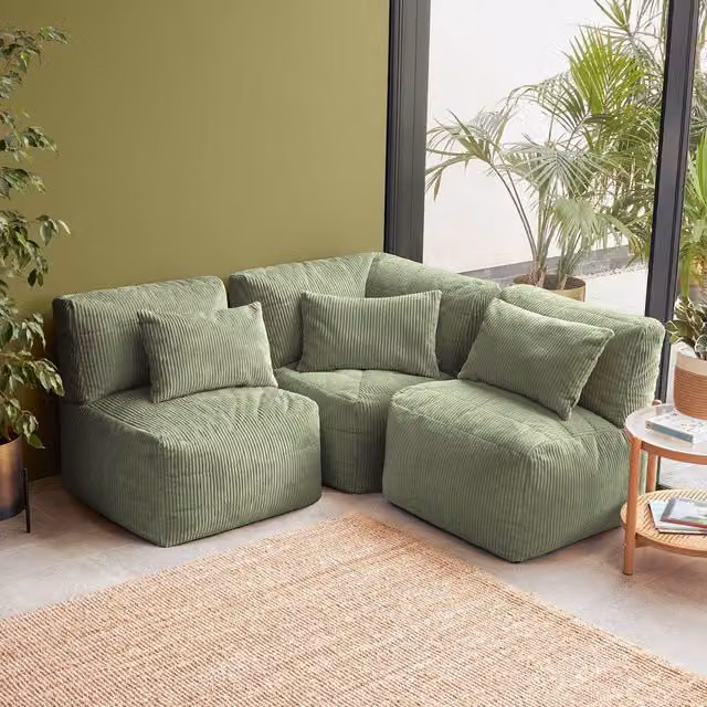 icon Noa 3-Piece Bean Bag Set in Green Jumbo Cord, including 1x Corner and 2x Recliners