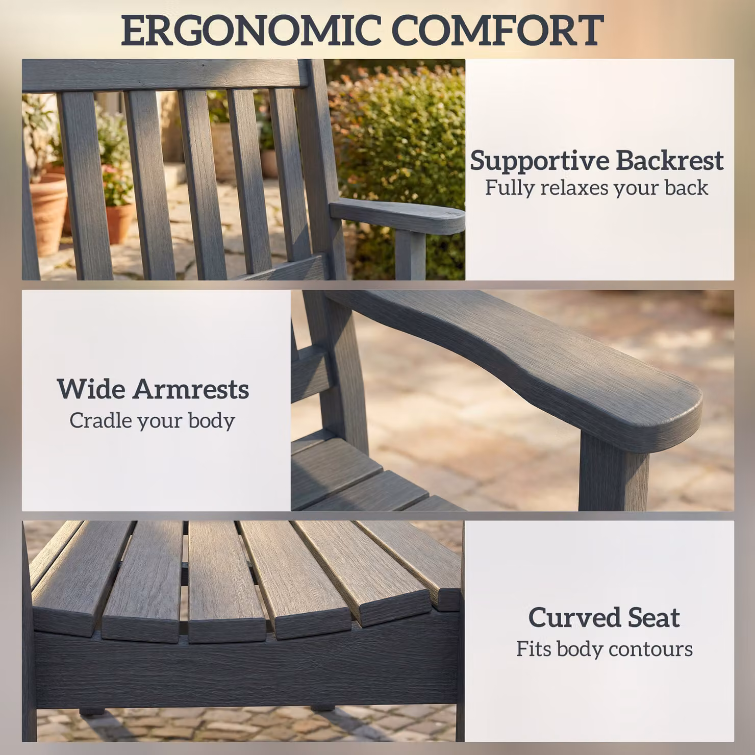 Outsunny 2 Seater Grey Plastic Garden Bench with Armrests and Backrest – 5
