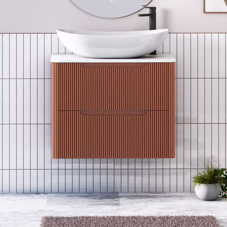 Royal Bathrooms Avenza 600mm Wall Hung Vanity Unit in Terracotta with 2 Drawers and White Worktop with Cesar Basin