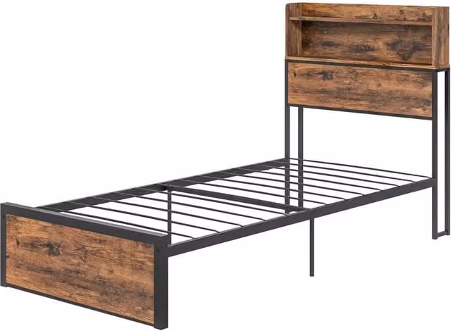 Pirlo Plush Single Industrial Bed Frame with Headboard and Side Compartment Storage in Brown and Black – 1