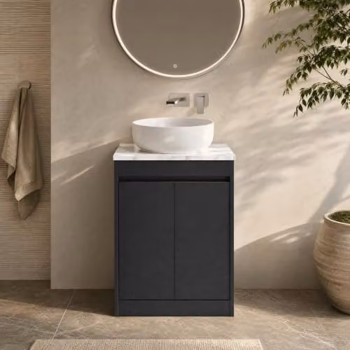 Balterley Modern 2 Door Handleless Bathroom Vanity Unit with Worktop and LED Lighting, Grey, W/D/H: 62 x 39.5 x 83.5 cm – 6