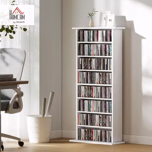 HOMCOM White Modern CD and DVD Storage Unit with 6 Adjustable Shelves, W/D/H: 58.0 x 24.0 x 126.3 cm – 2