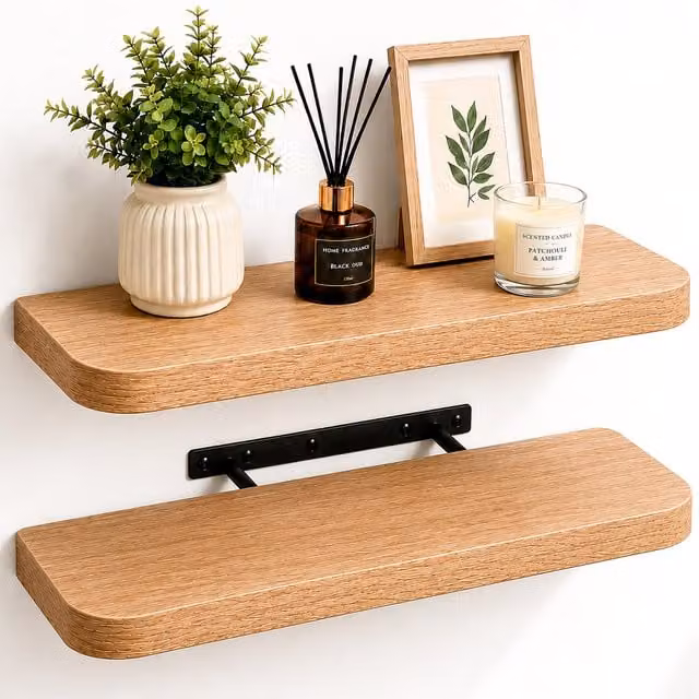 Innoteck Set of 2 Modern Floating Wall Shelves with Curved Edges, Oak