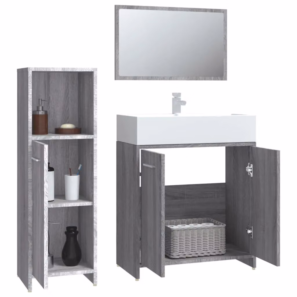 Berkfield Home 3 Piece Modern Grey Matt Bathroom Furniture Set with Vanity Unit and Mirror Cabinet – 2