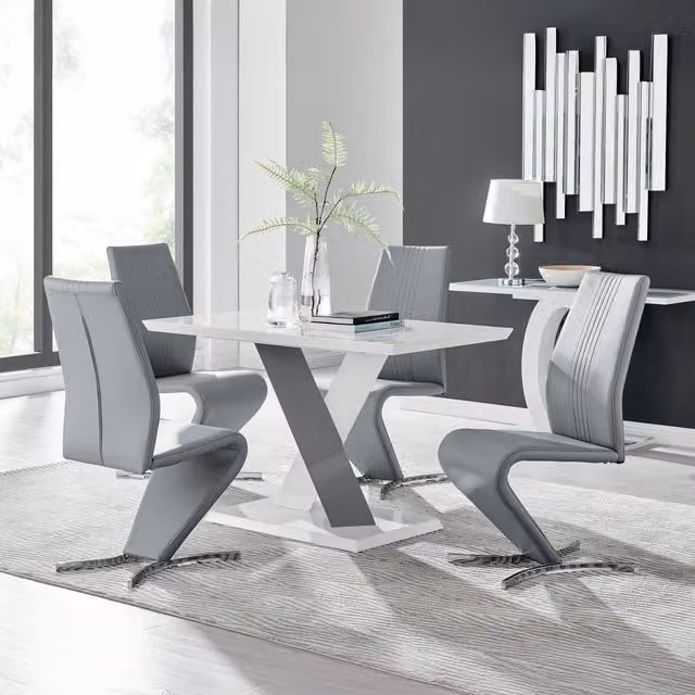 Furniturebox Monza White High Gloss Rectangular Dining Table with 4 Grey Willow Chairs