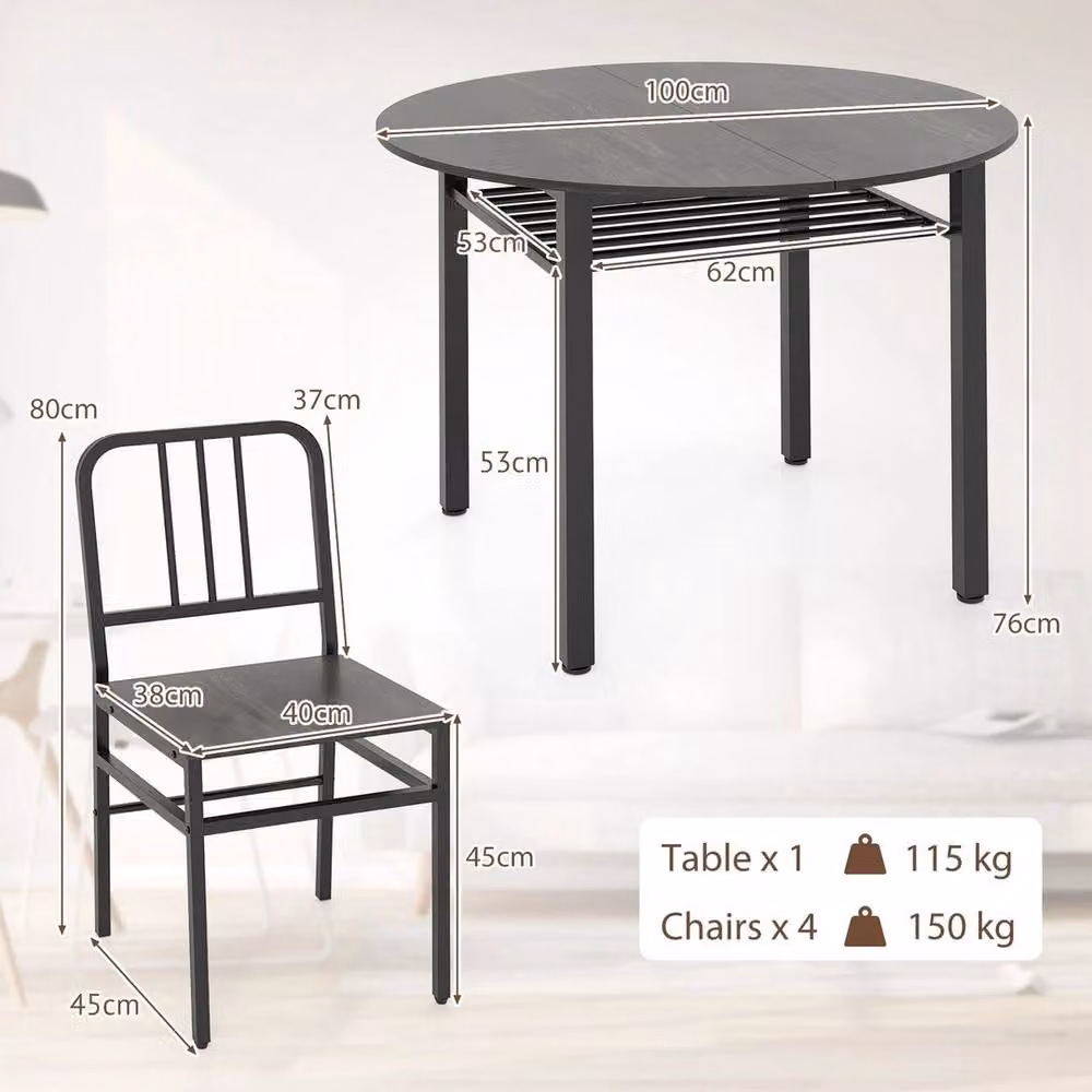 Hinsinc 5-Piece Round Dining Table Set with 4 Chairs in Grey and Black – 2