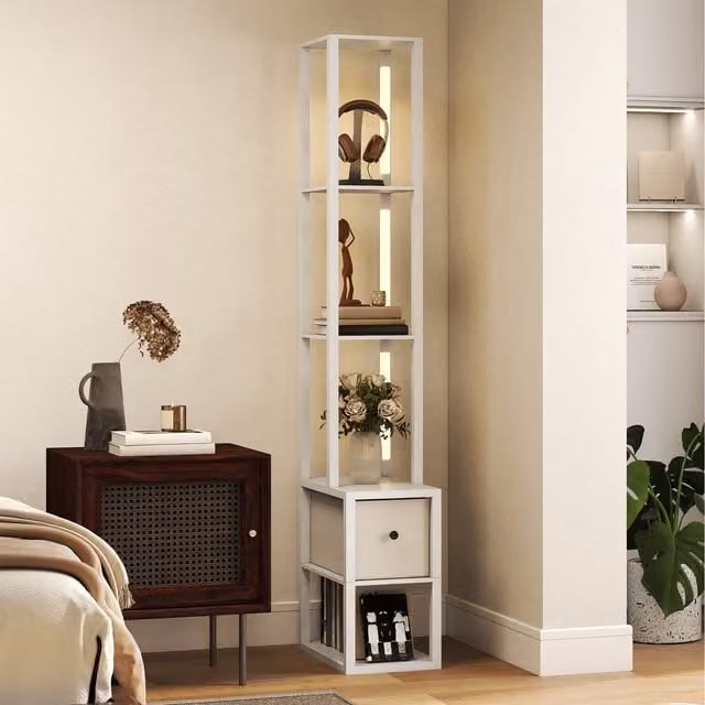 HOMCOM Modern White LED Floor Lamp with Shelves and Fabric Drawer