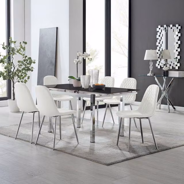 Furniturebox Enna Black Glossy Glass Extending Dining Table and 6 Corona Silver Leg Chairs in White