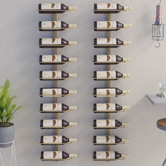 Berkfield Home Wall-mounted Metal Wine Rack for 10 Bottles, 2 Pack, Gold