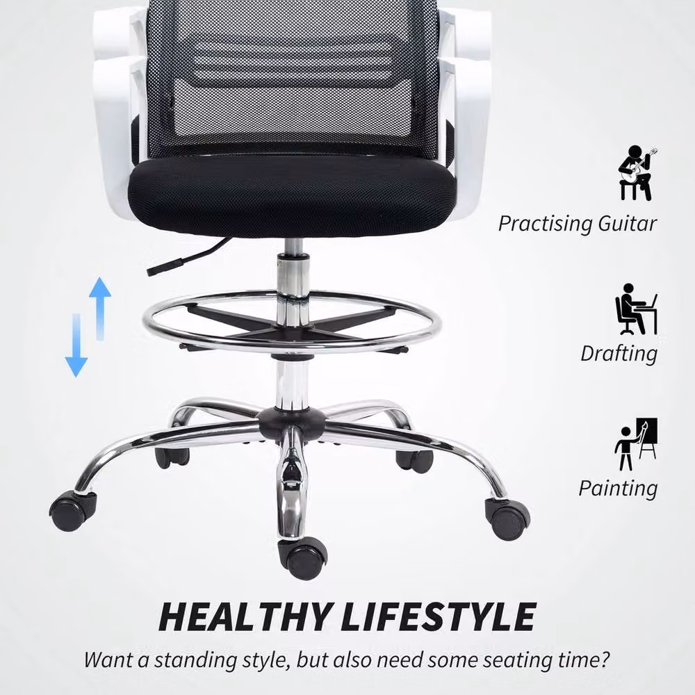 VOGREX Black Mesh Ergonomic Draughtsman Drafting Chair with Armrests and Foot Ring – 4