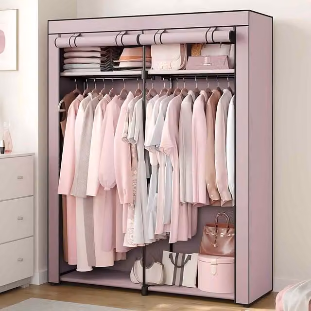 The Bazaarist Portable Fabric Wardrobe with 2 Hanging Rails and Internal Shelves, Lavender Purple