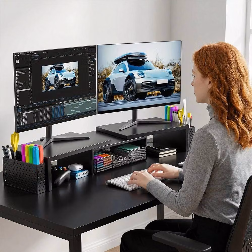 SPETLEK Dual Monitor Stand 2 Shelf Desk Riser Organizer in Black Matt Metal – 3