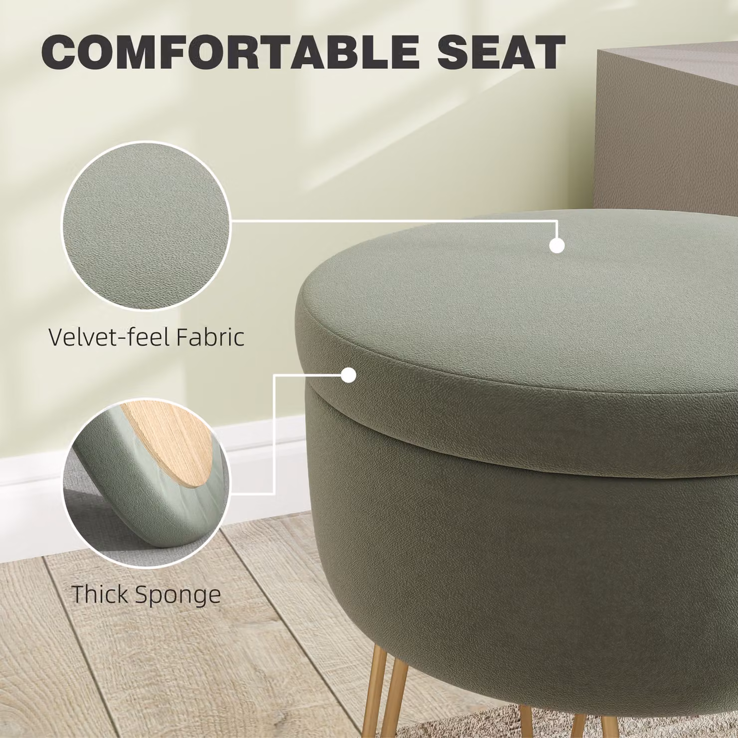 HOMCOM Modern Round Velvet Storage Ottoman with Metal Hairpin Legs and Removable Lid, Green – 6