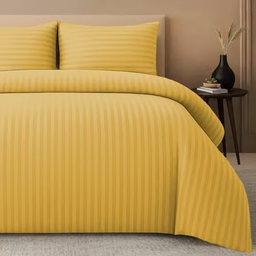 Pamposh Yellow Satin Stripe Microfibre Duvet Cover Set with Pillowcases, W/D/H: 200 x 220 x 220 cm – 1