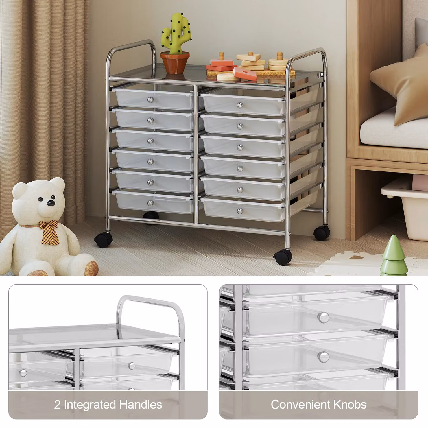 Gymax 12-Drawer Multi-Purpose Utility Storage Rolling Cart with Handles in Transparent Clear – 4