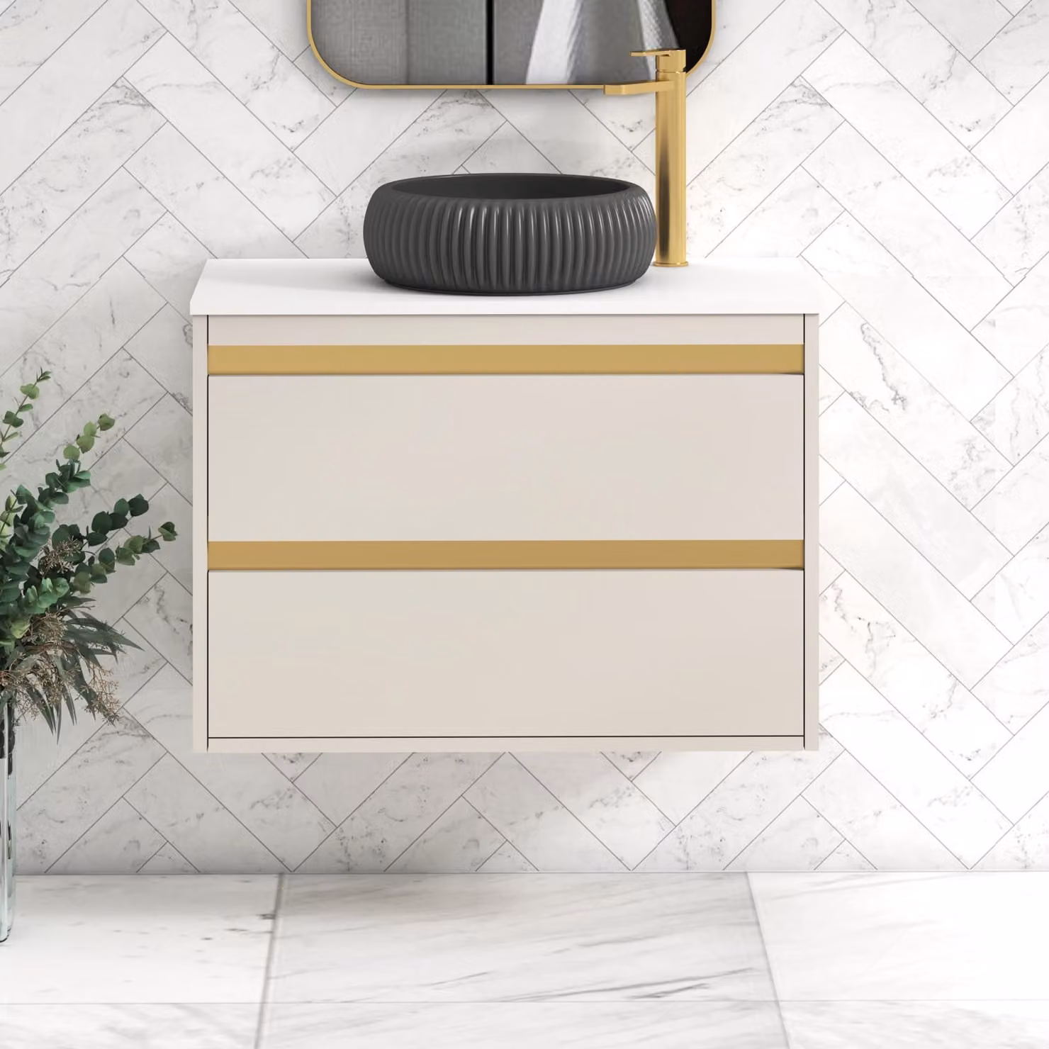 Royal Bathrooms Orion 800mm Warm Taupe Wall Hung 2 Drawer Vanity Unit with Milan Black Basin and Brushed Brass Accent Trim