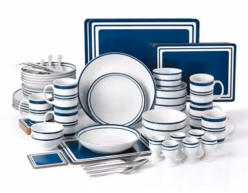 Waterside 80-Piece Blue and White Bistro Porcelain Tableware Set with Cutlery and Placemats – 1