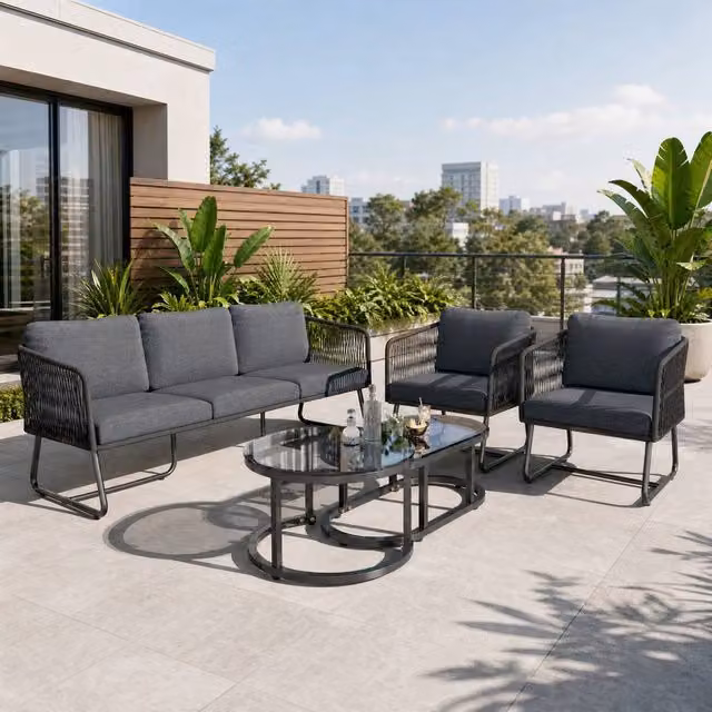 STILVORA Modern Grey Outdoor Garden Lounge Set with Upholstered Cushions and Coffee Table