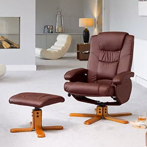 Artemis Home Severn Burgundy Bonded Leather 360 Degree Swivel Recliner Chair and Matching Footstool, Width: 73 cm