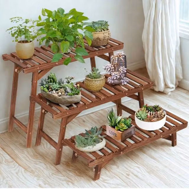 FURNOS 3 Tier Bamboo Step Plant Stand in Brown – 1