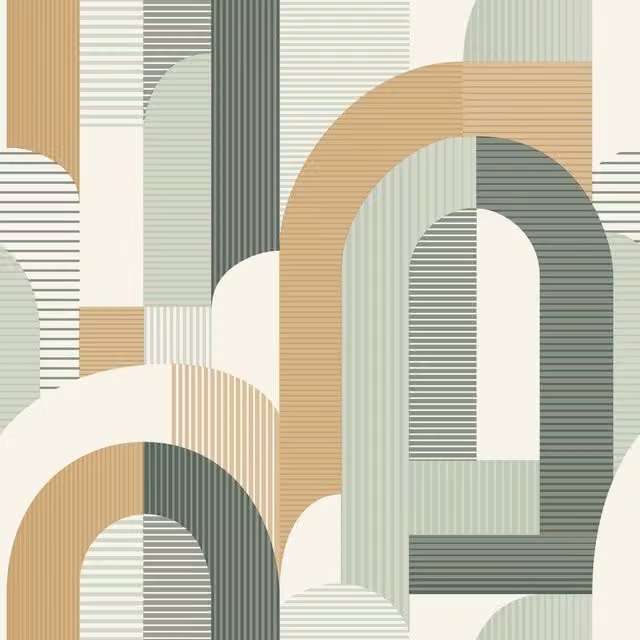 Grandeco Geometric Retro Wallpaper in Green, Orange and Beige