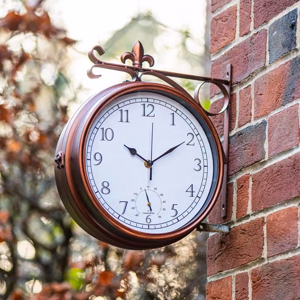 FLAVORA Double-Sided Classic Garden Wall Clock and Thermometer in Bronze Metal, W/H: 100 x 15 cm – 2